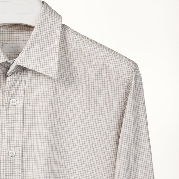 Prada 2015 Small Check White & Taupe Cotton Button-Up Oxford - Picture 5 of 14